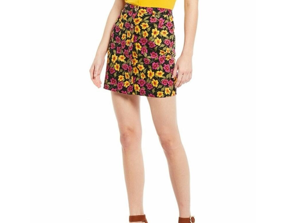 GB Skirt Women's Small Black Floral Button Front Mini Yellow Purple Pockets NWT